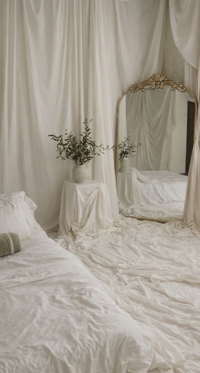 Soft white studio set with draped fabric and mirror